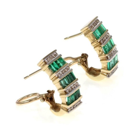 Estate Diamond Emerald 14kGold 8.5mm Wide Earrings - Picture 3 of 4